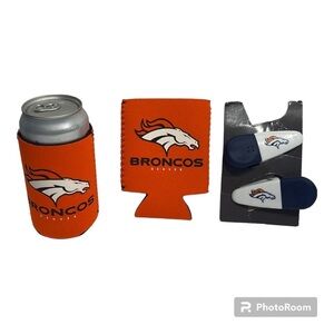 Denver Broncos 2 Beer Can Koozies and 2 Chip Clips